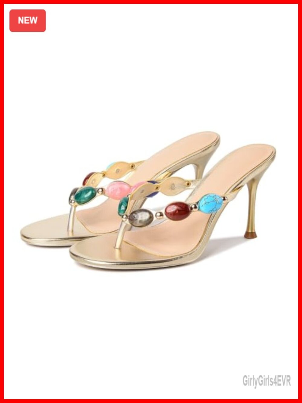 Jeweled Heeled Thong Sandals Beaded Stiletto Flip Flop Faux Leather